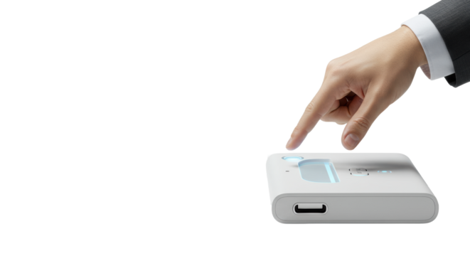 Clean, well-groomed human hand with a finger poised over an illuminated touchpoint on a sleek digital control device in a bright studio with cool tones and copy space. Concept of effortless control