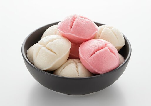 Bowl containing pink and white puto cakes, a traditional filipino steamed rice cake dessert treat food
