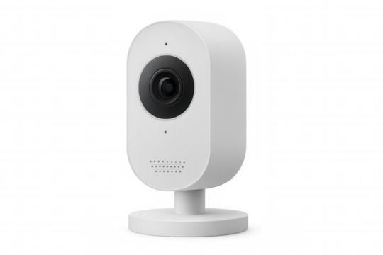White security camera mounted on wall, featuring sleek design with transparent background for seamless digital integration