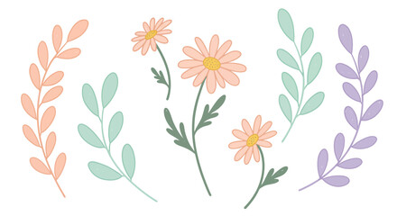 Hand-Drawn Pastel Spring Daisies and Leaves Vector Illustration, a Beautiful and Unique Collection of Botanical Elements for Your Creative Projects.