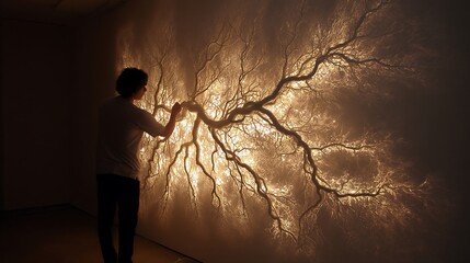 Light installation mimicking neural connections and root systems, interactive and nature-inspired biomorphic light art 