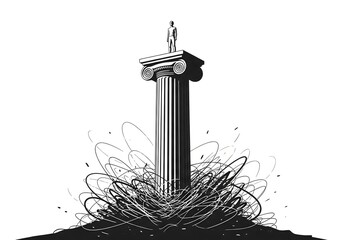 A conceptual illustration of a person standing on a stable pillar rising above a tangle of chaos, symbolizing order, clarity, and stability.