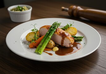 Plated chicken with asparagus potatoes carrots and gravy served on a white plate on a wooden table