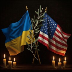 Ukrainian and American Flags with an Olive Branch and Candles