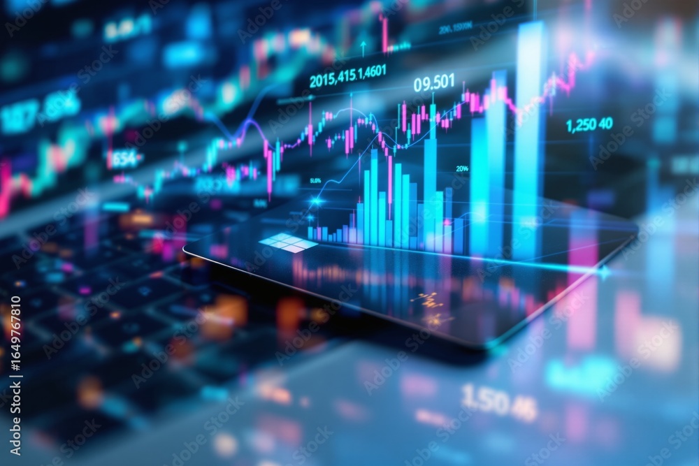 Aufkleber digital stock market chart with glowing bars and financial data on tablet and laptop, futuristic bus