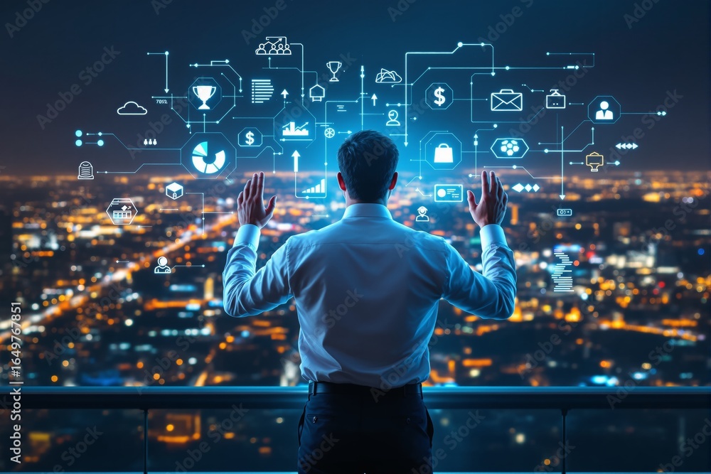Poster businessman interacting with futuristic digital interface showing financial and data analytics icons