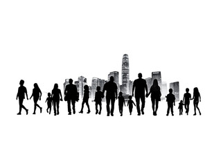 Silhouette of a diverse group of people against a city skyline at night.