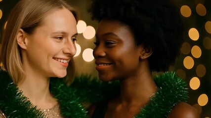 Young white and black couple smiling closely together wearing one Christmas garland on shoulders with glowing lights - multicultural love and holiday unity - Powered by Adobe