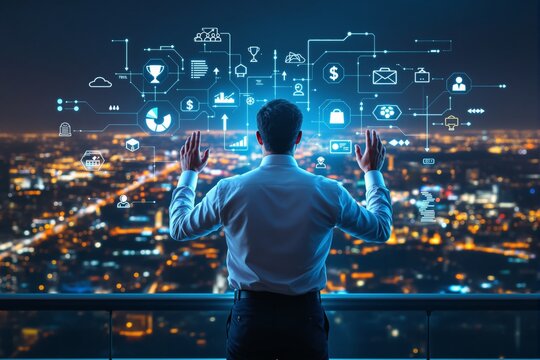 Businessman interacting with futuristic digital interface showing financial and data analytics icons on cityscape background at night. Ai generative. Ai generative