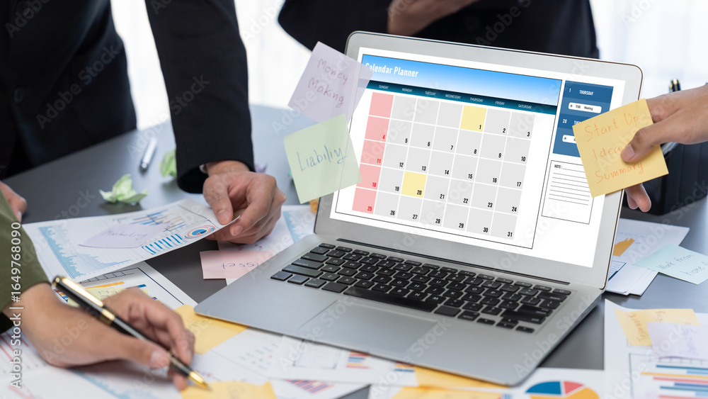 Poster analyst team use sticky note for creative and analytic brainstorm for business idea with bi data das