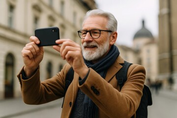 Smiling senior man with gray hair and beard taking a photo with smartphone on a city street in autumn.