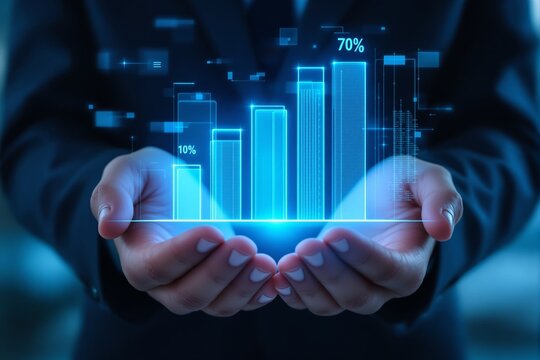 Businessperson holding glowing bar chart hologram with digital data interface showing percentages in futuristic business concept on dark background. Ai generative