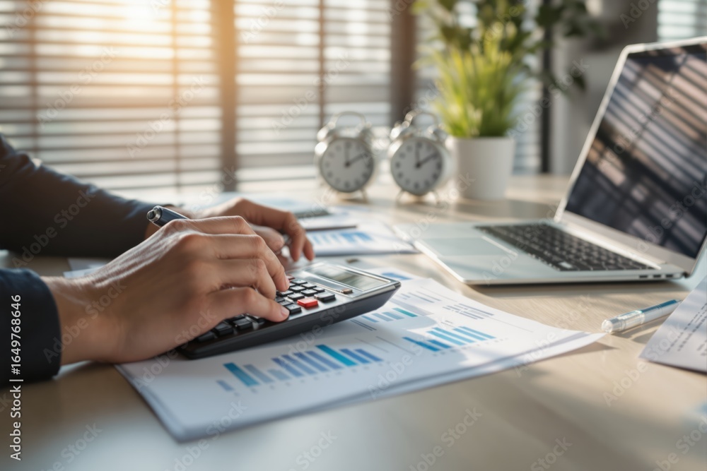 Poster business person analyzing financial data using a calculator at desk with laptop and documents in mod
