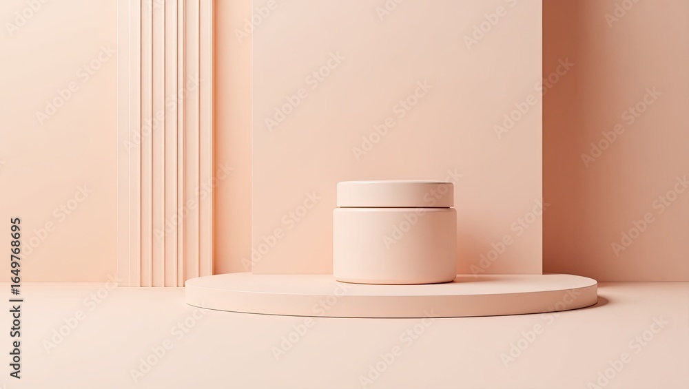 Poster light peach-colored cylinder container on a round platform.