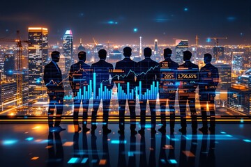 Silhouetted business team analyzing futuristic financial data charts over city skyline at night. Ai generative. Ai generative
