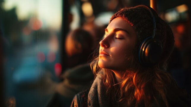 Girl with closed eyes enjoying music through headphones on a crowded bus, sunset light on face, calm and dreamy expression 