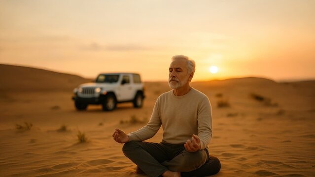 Elderly man sitting cross-legged meditating in desert at sunset, eyes closed, enjoying peaceful solitude near parked car.