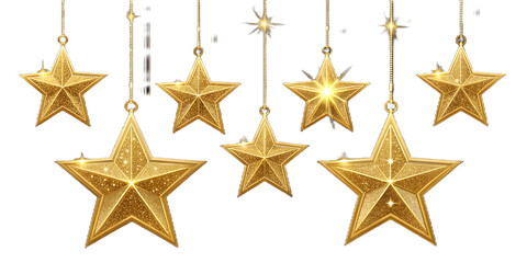 Collection of sparkling golden five pointed stars hanging on chains isolated on white background