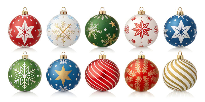 Collection of ten assorted Christmas baubles with festive patterns on white background