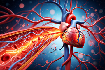 Vibrant human heart and circulatory system with glowing blood flow vessels arteries