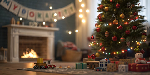 Cozy Christmas living room with decorated tree fireplace and toys holiday festive