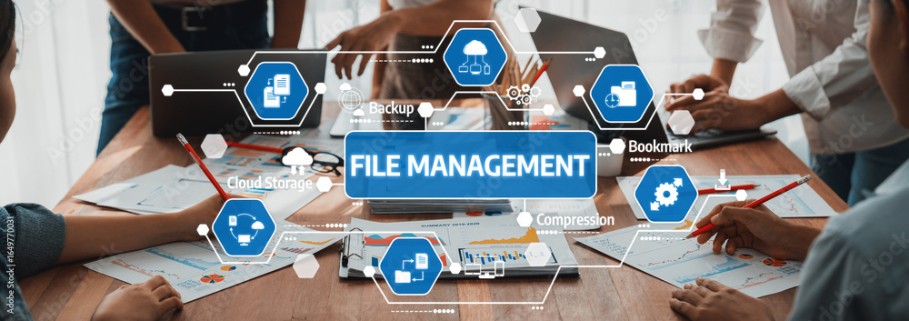 Poster explore a dynamic office scene showcasing teamwork in file management, highlighting digital tools an