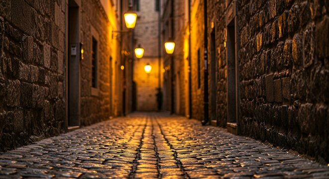 Narrow Cobblestone Street in European Old Town at Night with Glowing Lanterns and Warm Ambient Lighting, Ground Level Low Angle Perspective