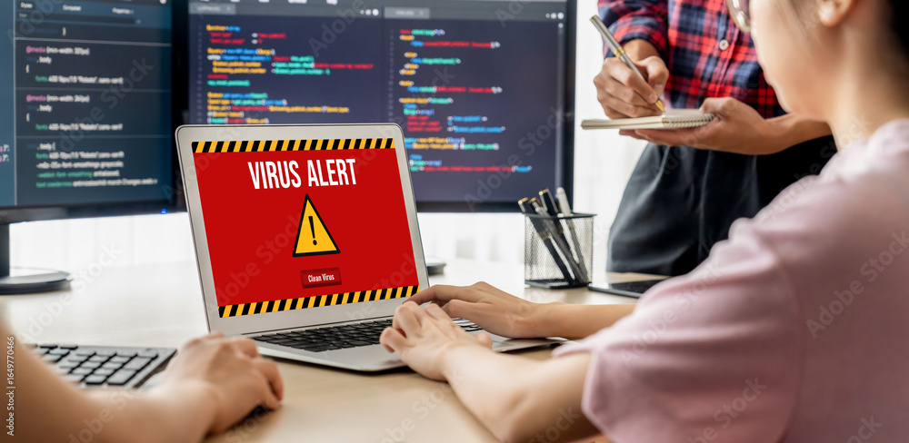 Aufkleber virus warning alert on computer screen detected brisk cyber threat , hacker, computer virus and malw