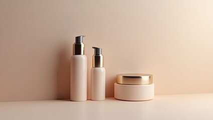 Three elegant, light peach-colored cosmetic containers on a neutral background.