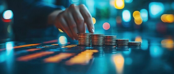 Financial Growth: A Hand Carefully Places Coins in Ascending Order, Symbolizing Investment and Wealth Accumulation