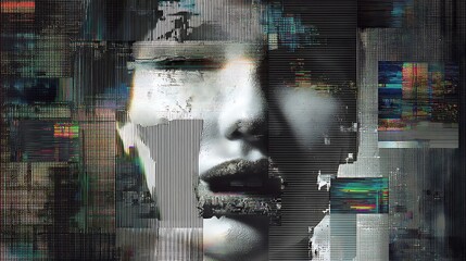 Abstract representation of mental exhaustion with fragmented digital screens and glitch effects around a tired face, stress and anxiety from information overload 