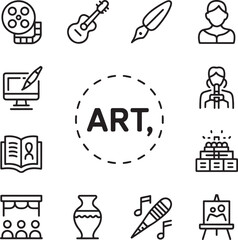 Collection of Art and Creativity Icons on White Background film reel guitar