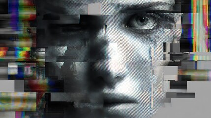 Abstract representation of mental exhaustion with fragmented digital screens and glitch effects around a tired face, stress and anxiety from information overload 
