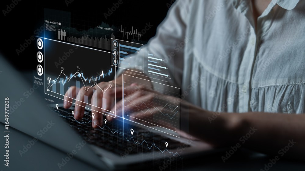 Poster high-tech data visualization dashboard for analytics and performance tracking, including data visual