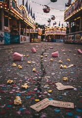Naklejka premium Detailed View of Discarded Carnival Tickets and Popcorn Boxes on Pavement at Night with Glowing Amusement Park Rides and Festive Lights