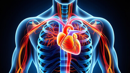 Human circulatory system glowing red and blue anatomical heart image