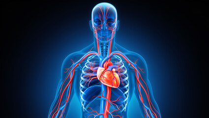 Human circulatory system anatomy with beating heart and arteries body
