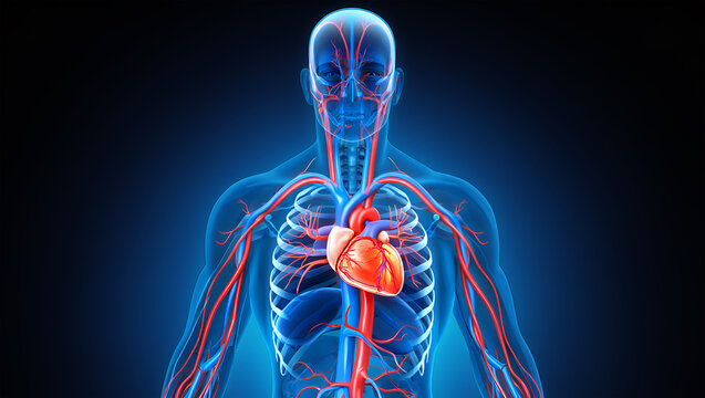 Human circulatory system anatomy with beating heart and arteries body