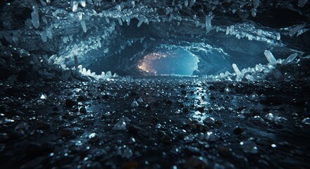 Wide Angle View of Ice Cave or Crystal Tunnel with Sharp Stalactites and Reflective Wet Floor, Cold Blue Luminescent Geological Formation