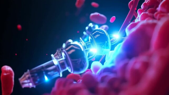 A nanorobot is moving through the bloodstream surrounded by red blood cells. Concept of nanotechnology and medical innovation.