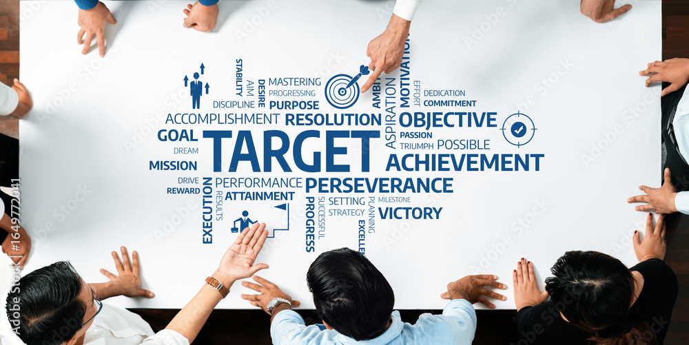 Poster a collaborative workspace featuring individuals analyzing and discussing achievement-related words o