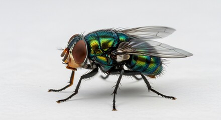 Vibrant green fly rests subtly on white background close up macro shot. AI Generated