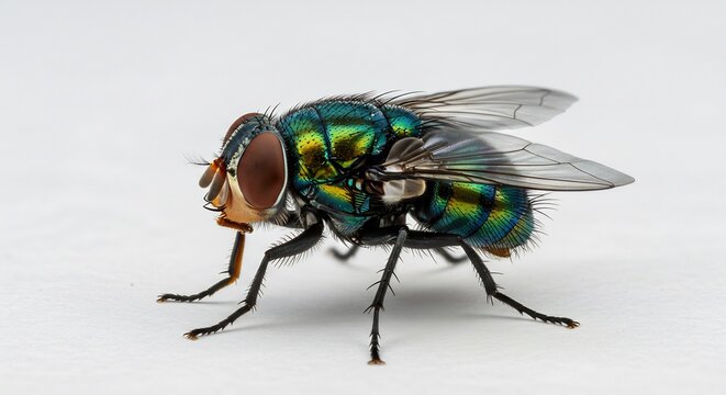 Vibrant green fly rests subtly on white background close up macro shot. AI Generated