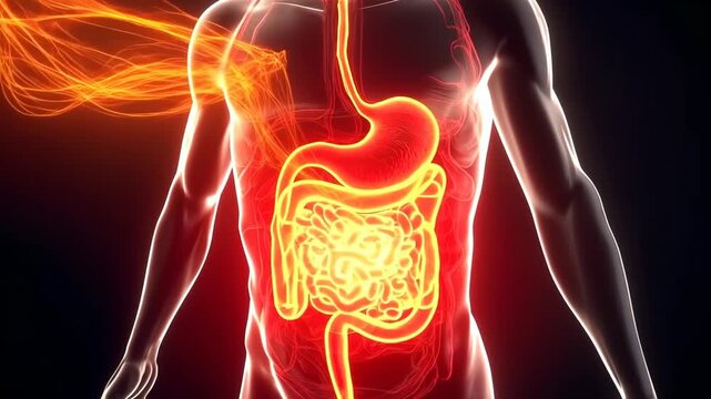 A glowing visualization of the human digestive system is displayed inside a transparent body outline. Concept of digestion and human anatomy.