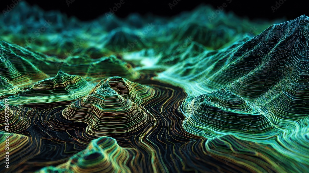 Poster aerial view of luminous topographic map. futuristic three-dimensional geological visualization