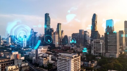 A cityscape with skyscrapers and data overlays. Futuristic elements overlay the buildings. A warm sunset provides a light backdrop - Powered by Adobe