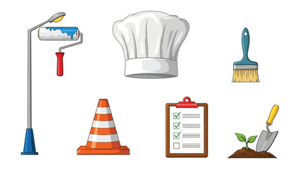 Tools and Objects of Work : An illustrative assortment of essential tools and objects, designed to represent the core elements of different vocations and activities.