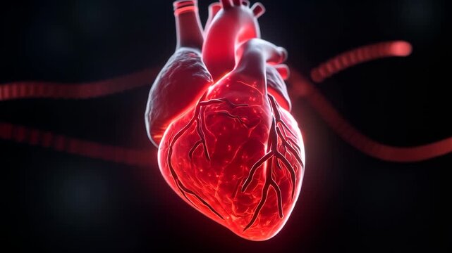 Human heart with glowing arteries and veins highlighting blood circulation on a dark background. Concept of cardiology and human anatomy.