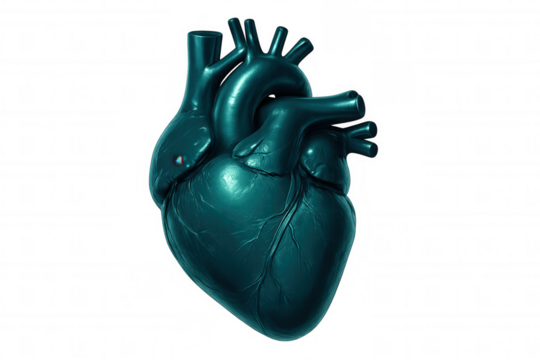 Turquoise anatomical human heart rotating on transparent background, perfect for medical and scientific projects