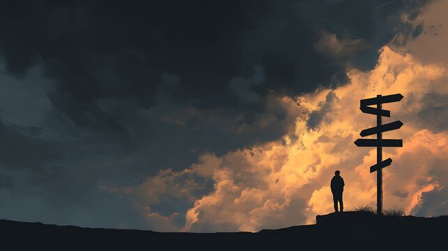 Silhouette standing at crossroads with multiple uncertain paths under shifting skies, symbolizing navigating change with mental fortitude, moody yet hopeful tone 